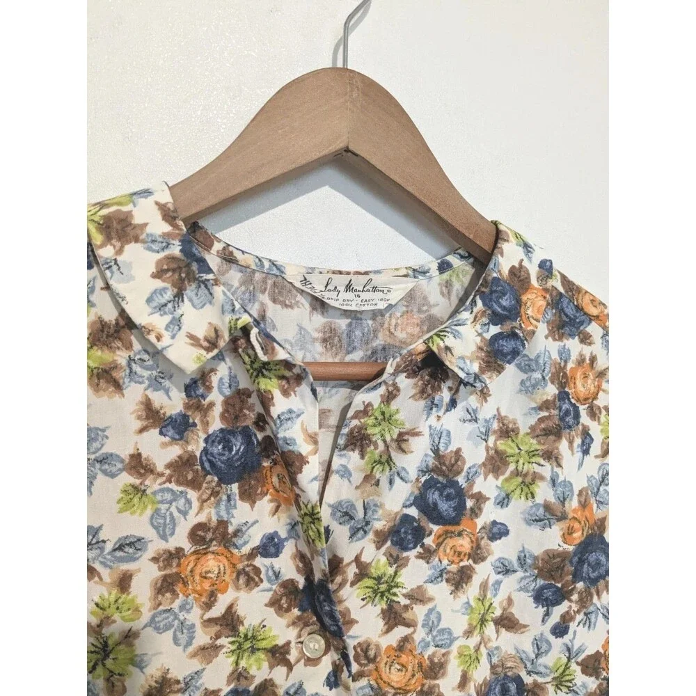 Vintage Lady Manhattan Shirt 50s 60s Button Up Collar Blouse Roses Cotton B44 L